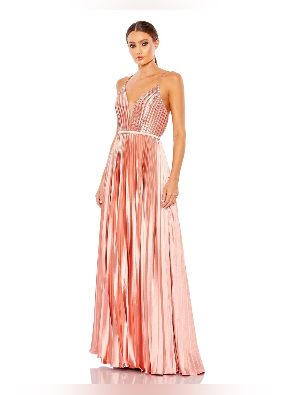 IEENA FOR MAC DUGGAL Plunge Neck Pleated Evening Gown Rose Gold